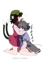 Rule 34 | 2girls, animal ears, artist name, barefoot, brown hair, cat ears, cat tail, chen, dated, closed eyes, full body, grey hair, hat, highres, kneeling, licking, long sleeves, mob cap, mouse ears, mouse tail, multiple girls, multiple tails, namauni, nazrin, profile, red eyes, shaded face, shirt, short hair, simple background, skirt, skirt set, smile, sweatdrop, tail, text focus, tongue, tongue out, touhou, trembling, vest, white background