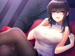 Rule 34 | 1girl, black hair, black pantyhose, breasts, couch, evil smile, eyes visible through hair, hair between eyes, hair over eyes, highres, hoshina meito, indoors, large breasts, lipstick, long hair, looking at viewer, looking down, makeup, original, pantyhose, playing with own hair, purple eyes, ribbed sweater, sidelocks, sitting, sleeveless, sleeveless turtleneck, smile, solo, sweater, turtleneck