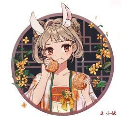 Rule 34 | 1girl, :t, animal ears, blush, brown eyes, brown hair, chinese clothes, closed mouth, collarbone, double bun, eating, flower, food, hair bun, hair ornament, hanfu, highres, holding, holding food, lattice, light brown hair, looking at viewer, mid-autumn festival, mooncake, original, osmanthus, rabbit ears, red eyes, round window, sash, solo, upper body, window