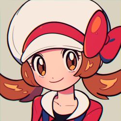 Rule 34 | 1girl, blush, bow, brown eyes, brown hair, cabbie hat, chueog, closed mouth, collarbone, commentary, creatures (company), game freak, grey background, hat, hat bow, long hair, looking at viewer, lowres, lyra (pokemon), nintendo, pokemon, pokemon hgss, portrait, red bow, red shirt, shirt, smile, solo, twintails, white hat