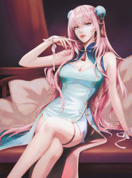 Rule 34 | 1girl, bare arms, bare legs, blue dress, blue eyes, breasts, bun cover, china dress, chinese clothes, cleavage, cleavage cutout, closed mouth, clothing cutout, crossed legs, double bun, dress, hair between eyes, hair bun, highres, indoors, long hair, looking at viewer, medium breasts, megurine luka, nail polish, pink hair, red lips, red nails, red ribbon, ribbon, sapphirez39, side slit, sitting, sleeveless, sleeveless dress, solo, thighlet, very long hair, vocaloid