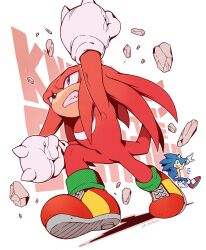 Rule 34 | 2boys, artist name, blue fur, character name, clenched teeth, furry, furry male, gloves, green eyes, highres, knuckles the echidna, multiple boys, punching, purple eyes, red footwear, red fur, rubble, simple background, sk rokuro, solo focus, sonic (series), sonic the hedgehog, tail, teeth, two-tone footwear, white background, white footwear, white gloves, yellow footwear