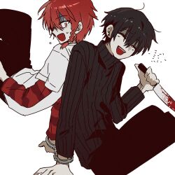 Rule 34 | 2boys, allsu official, black hair, black pants, black sweater, blood, bloody knife, braid, closed eyes, cuffs, fang, grey shirt, handcuffs, highres, holding, holding knife, knife, maeno aki, male focus, multiple boys, open mouth, pants, red eyes, red hair, shared handcuffs, shirt, short hair, simple background, smile, sweater, teeth, tsugino haru, turtleneck, turtleneck sweater, zeno (game)