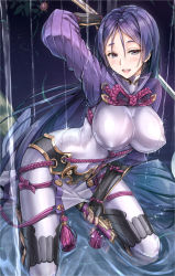 Rule 34 | 1girl, arm behind head, armor, blush, bodysuit, breasts, commentary request, covered erect nipples, covered navel, fate/grand order, fate (series), fingerless gloves, gauntlets, gloves, impossible clothes, koyuki (kotatsu358), large breasts, leaning forward, lips, long hair, looking at viewer, minamoto no raikou (fate), nipples, open mouth, parted bangs, partially submerged, pelvic curtain, purple eyes, purple hair, sheath, solo, unsheathed, very long hair, water, wet, wet clothes, wet hair