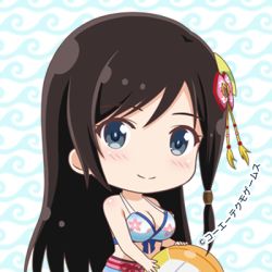 Rule 34 | 1girl, artist request, ball, bikini, bikini skirt, black hair, blue eyes, blush, breasts, chibi, cleavage, dead or alive, dead or alive xtreme venus vacation, floral print, hair ornament, holding, holding ball, kokoro (doa), large breasts, long hair, looking at viewer, lowres, navel, official art, patterned background, smile, standing, swimsuit, tecmo, upper body, volleyball (object), wave print
