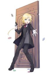 Rule 34 | 1girl, :o, ascot, black footwear, black pants, blonde hair, blue eyes, bullet hole, chris (princess principal), coat, door, formal, full body, gloves, gun, highres, holding, holding gun, holding weapon, long hair, looking at viewer, multicolored coat, official art, outstretched hand, pants, poker chip, ponytail, princess principal, princess principal game of mission, shoes, solo, standing, suit, torn ascot, torn clothes, transparent background, two-tone coat, weapon, weapon request, white gloves