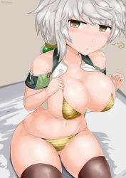 Rule 34 | 10s, 1girl, asymmetrical hair, bad id, bad pixiv id, bikini, blush, braid, breasts, brown eyes, cleavage, highres, kantai collection, large breasts, looking at viewer, navel, parted lips, print bikini, riimokeu, silver hair, single braid, sitting, solo, sweat, swimsuit, thighhighs, tiger stripes, unryuu (kancolle), vest