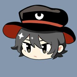 Rule 34 | 1other, androgynous, black eyes, black hair, black hat, blue background, chinese commentary, closed mouth, commentary request, enraku tsubakura, eye of senri, eyelashes, hair between eyes, hat, head only, len&#039;en, light frown, looking ahead, mxx33, other focus, red hat, short hair, simple background, solo, sparkle, top hat, two-sided fabric, two-sided headwear