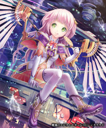Rule 34 | candy, cloud, elbow gloves, feathers, floating island, food, gears, gloves, green eyes, hair ornament, high heels, highres, licking lips, lollipop, mecha, mechanical wings, naka (2133455), navel, official art, pink hair, purple footwear, robot, science fiction, senjou no electro girl, shoes, short hair, solo, thighhighs, tongue, tongue out, tower, white gloves, white thighhighs, wings
