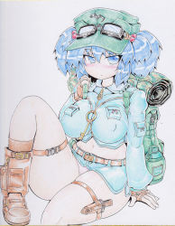 Rule 34 | 1girl, backpack, bag, belt, blue eyes, blue hair, blush, boots, breasts, curvy, covered erect nipples, female focus, fingerless gloves, gloves, goggles, goggles on head, hair bobbles, hair ornament, hat, kawashiro nitori, key, large breasts, looking at viewer, matching hair/eyes, midriff, okiraku nikku, pouch, shikishi, sitting, solo, touhou, traditional media, twintails, two side up, zipper