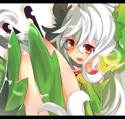 Rule 34 | 1girl, alternate form, blush, collarbone, elbow gloves, fairy, fang, female focus, gloves, long hair, looking at viewer, mon-musu quest!, monster girl, multicolored hair, open mouth, orange eyes, sidelocks, solo, sylph (mon-musu quest!), white hair, zamudelin