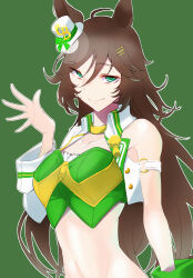 Rule 34 | 1girl, absurdres, ahoge, animal ears, arm strap, bare shoulders, bow, breasts, brown hair, commentary request, crop top, green background, green bow, green eyes, green shirt, groin, hair between eyes, hair ornament, hairclip, hand up, hat, hat bow, highres, horse ears, jacket, large breasts, long sleeves, looking at viewer, midriff, mini hat, mini top hat, mr. c.b. (umamusume), navel, open clothes, open jacket, shirt, single sleeve, smile, solo, stomach, strapless, strapless shirt, top hat, umamusume, upper body, white hat, white jacket, yoyogima