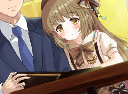 Rule 34 | 1boy, 1girl, :o, beret, blue jacket, blue neckwear, blush, bow, brown bow, brown eyes, brown hair, brown headwear, brown skirt, closed mouth, collared shirt, commentary request, dress shirt, eluthel, formal, hat, head out of frame, holding, idolmaster, idolmaster cinderella girls, jacket, long hair, long sleeves, looking away, menu, necktie, parted lips, plaid, plaid bow, plaid skirt, producer (idolmaster), puffy short sleeves, puffy sleeves, shirt, short sleeves, skirt, sleeves past wrists, solo focus, suit, sweat, table, very long hair, white shirt, yorita yoshino