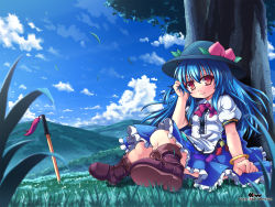 Rule 34 | 1girl, adjusting hair, against tree, blue hat, blue theme, boots, bracelet, cloud, day, etogami kazuya, female focus, grass, hat, highres, hill, hinanawi tenshi, jewelry, landscape, looking at viewer, meadow, nature, scenery, sitting, sky, smile, solo, sword, sword of hisou, touhou, tree, wallpaper, weapon, wind