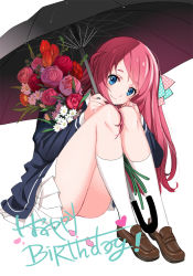 Rule 34 | 1girl, black jacket, black umbrella, blue eyes, bouquet, bow, brown footwear, closed mouth, commentary, da huang, english commentary, english text, flower, green bow, hair bow, happy birthday, holding, holding bouquet, holding umbrella, jacket, leaning forward, loafers, long hair, long sleeves, looking at viewer, minamoto sakura, miniskirt, pink bow, pink flower, pink rose, pleated skirt, polka dot, polka dot bow, red flower, red hair, red rose, rose, school uniform, shoes, simple background, sitting, skirt, smile, socks, solo, tulip, umbrella, white background, white flower, white skirt, white socks, zombie land saga