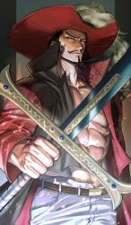 Rule 34 | 1boy, abs, bara, beard, belt, black hair, black jacket, dracule mihawk, facial hair, hat, high collar, highres, holding, holding weapon, jacket, jewelry, looking at viewer, male focus, manly, mustache, one piece, open clothes, open jacket, pants, pectorals, red hat, red sleeves, short hair, sword, tobo katsuo, weapon, white pants, yellow eyes, yoru (sword)