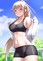 Rule 34 | 1girl, bare shoulders, bike shorts, black shorts, black sports bra, blonde hair, blue sky, blurry, blurry background, blush, breasts, cleavage, closed mouth, cloud, collarbone, commentary request, cowboy shot, day, depth of field, furen e lustario, hair between eyes, hair ribbon, highres, jacket, long hair, long sleeves, looking at viewer, medium breasts, midriff, navel, nijisanji, off shoulder, open clothes, open jacket, outdoors, ponytail, red eyes, red ribbon, ribbon, short shorts, shorts, sky, sleeves past wrists, smile, solo, sports bra, standing, stomach, sweat, tatsumiya kagari, taut clothes, tree, very long hair, virtual youtuber, white background