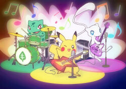 Rule 34 | blue eyes, bright pupils, bulbasaur, creatures (company), cymbals, drum, drum set, drumsticks, electric guitar, fang, game freak, gen 1 pokemon, guitar, highres, holding, holding drumsticks, holding instrument, instrument, legendary pokemon, mew (pokemon), microphone, microphone stand, music, musical note, mythical pokemon, nintendo, no humans, nostrils, one eye closed, open mouth, pikachu, pokemon, pokemon (creature), red eyes, runachikku, snare drum, speaker, white pupils