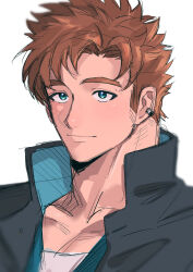 Rule 34 | 1boy, adam&#039;s apple, artist request, asamine matakara, bara, blue eyes, brown hair, bucchigiri?!, earrings, facial hair, highres, jewelry, light blush, male focus, medium sideburns, pectoral cleavage, pectorals, portrait, short hair, sideburns stubble, simple background, smile, solo, stubble, thick eyebrows, unfinished