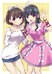 Rule 34 | 2girls, :d, alternate hairstyle, black hair, blue eyes, blush, brown hair, cosplay, costume switch, dress, fujii tomo, fujii tomo (cosplay), hairband, hairstyle switch, hand on another&#039;s shoulder, idolmaster, idolmaster cinderella girls, long hair, long sleeves, looking at viewer, miniskirt, multiple girls, open mouth, pink dress, puffy short sleeves, puffy sleeves, red ribbon, ribbon, sakuma mayu, sakuma mayu (cosplay), short hair, short sleeves, skirt, smile, sweater, tottoto tomekichi, white sweater, wrist ribbon