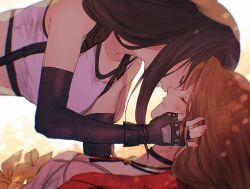 2girls aerith_gainsborough black_bra black_gloves black_hair bra breasts brown_hair cleavage clenched_teeth closed_eyes commentary crop_top crying dress elbow_gloves english_commentary final_fantasy final_fantasy_vii final_fantasy_vii_rebirth final_fantasy_vii_remake fingerless_gloves flower gloves hand_on_another&#039;s_cheek hand_on_another&#039;s_face highres injury jacket lily_(flower) long_hair medium_breasts midriff multiple_girls parted_bangs pink_dress red_jacket sera_(serappi) shirt sleeveless sleeveless_shirt sports_bra suspenders tears teeth tifa_lockhart underwear upper_body white_shirt yellow_flower yuri