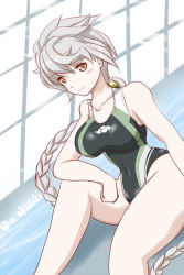 Rule 34 | 10s, 1girl, akai akasaki, braid, breasts, brown eyes, competition swimsuit, kantai collection, large breasts, long hair, one-piece swimsuit, silver hair, single braid, sitting, swimsuit, unryuu (kancolle)
