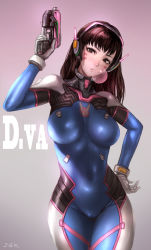 Rule 34 | 1girl, black eyes, blush, bodysuit, breasts, brown hair, blowing bubbles, cameltoe, chewing gum, d.va (overwatch), facial mark, gloves, gun, hand on own hip, headphones, highres, holding, holding gun, holding weapon, long hair, looking at viewer, overwatch, overwatch 1, sgk, solo, weapon, whisker markings, white gloves