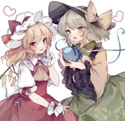 Rule 34 | 2girls, :d, ascot, black headwear, blonde hair, blush, bow, commentary request, crystal, fang, flandre scarlet, flat chest, floral print, frilled shirt collar, frills, green eyes, green hair, green skirt, hair between eyes, hand on own cheek, hand on own face, hand up, hat, hat bow, heart, heart of string, holding, komeiji koishi, long hair, long sleeves, looking at viewer, medium hair, mob cap, multiple girls, open mouth, parted lips, puffy short sleeves, puffy sleeves, red bow, red eyes, red skirt, red vest, shirt, short sleeves, simple background, skirt, smile, sorani (kaeru0768), third eye, touhou, vest, white background, white headwear, wide sleeves, wings, wrist cuffs, yellow ascot, yellow bow, yellow shirt