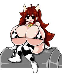 Rule 34 | 1girl, animal ears, animal print, areola slip, ayazumi flutter, bikini, black eyes, breasts, breasts on lap, brown hair, bursting breasts, cow ears, cow girl, cow horns, cow print, cow print bikini, cow print gloves, cow print thighhighs, cowbell, crossed legs, eyelashes, female focus, friday night funkin&#039;, girlfriend (friday night funkin&#039;), gloves, horns, huge breasts, long hair, looking at viewer, micro bikini, open mouth, pitcher (container), print bikini, print gloves, print thighhighs, shiny skin, sitting, smile, solo, swimsuit, thick thighs, thighhighs, thighs, white background