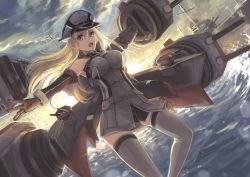 Rule 34 | 10s, 1girl, bare shoulders, bismarck (kancolle), bismarck kai (kancolle), blonde hair, blue eyes, breasts, brown gloves, cloud, detached sleeves, dutch angle, gloves, grey thighhighs, hair between eyes, hat, kantai collection, ks (xephyrks), large breasts, long hair, machinery, open mouth, outstretched arm, personification, ship, solo, thighhighs, water, watercraft
