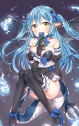 Rule 34 | 1girl, bad id, bad twitter id, blue flower, blue hair, blue rose, blush, breasts, cleavage, dress, flower, garter straps, covered mouth, high heels, highres, horns, large breasts, long hair, magic, monster girl, no panties, pointy ears, rose, short dress, solo, staff, tail, thighhighs, wings, yellow eyes, yuran