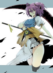 Rule 34 | 1girl, akishima kei, bad id, bad pixiv id, breasts, cleavage, female focus, large breasts, legs, licking lips, onozuka komachi, open clothes, open shirt, purple hair, red eyes, scythe, shirt, short hair, solo, thighs, tongue, tongue out, touhou, twintails, two side up, underboob