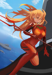 Rule 34 | 1girl, absurdres, artist request, blue eyes, blue sky, bodysuit, breasts, brown hair, floating hair, headgear, highres, holding, holding weapon, interface headset, lance of longinus (evangelion), long hair, looking to the side, medium breasts, neon genesis evangelion, pilot suit, plugsuit, polearm, red bodysuit, shiny clothes, simple background, sky, solo, souryuu asuka langley, two side up, very long hair, weapon