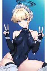Rule 34 | 1girl, bare shoulders, black gloves, black thighhighs, blonde hair, blue archive, blue eyes, breasts, covered navel, double v, expressionless, fingerless gloves, gloves, halo, hat, highres, leotard, looking at viewer, maid headdress, medium breasts, mob cap, n0reception, short hair, sitting, solo, thighhighs, toki (blue archive), v, yokozuwari