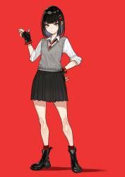 Rule 34 | 1girl, black footwear, black gloves, black hair, black skirt, blue eyes, boots, closed mouth, collared shirt, commentary request, cross-laced footwear, fingerless gloves, full body, gloves, hair ornament, hairclip, highres, lace-up boots, long sleeves, looking at viewer, necktie, original, pleated skirt, red background, red necktie, red socks, school uniform, shadow, shirt, skirt, socks, solo, standing, sweater vest, white shirt, yuu (higashi no penguin)