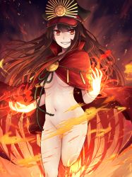 Rule 34 | 1girl, barefoot, breasts, brown hair, cape, embers, fate/grand order, fate (series), fire, flaming hand, groin, hair between eyes, hat, highres, long hair, looking at viewer, medium breasts, naked cape, navel, night, no bra, no panties, oda nobunaga (fate), oda uri, peaked cap, red cape, red eyes, smile, solo, standing, standing on one leg, teramoto kei, very long hair