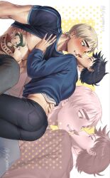 Rule 34 | 2boys, abs, ass, black hair, black pants, black shirt, blonde hair, blood, blue shirt, blush, character tattoo, clothes lift, couple, eujeen413, grey pants, highres, licking, licking another&#039;s face, looking at another, male focus, multiple boys, muscular, muscular male, nipples, nosebleed, pants, scott pilgrim (series), scott pilgrim takes off, shirt, shirt lift, short hair, smile, stomach tattoo, tattoo, todd ingram, tongue, tongue out, twitter username, wallace wells, yaoi