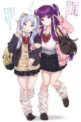 Rule 34 | 2girls, alternate costume, backpack, bag, black jacket, ear piercing, earrings, elf, fern (sousou no frieren), fingernails, frieren, green eyes, grey hair, gyaru, highres, jacket, jewelry, locked arms, long fingernails, long hair, looking at viewer, loose socks, miniskirt, multiple girls, open mouth, partially unbuttoned, piercing, pink nails, pink sweater, pleated skirt, pointy ears, purple eyes, purple hair, red nails, school uniform, shashaki, shirt, shoulder bag, skirt, sleeves past wrists, socks, sousou no frieren, sweater, translated, twintails, v, white background, white shirt