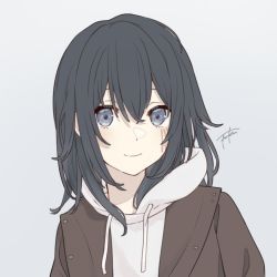 Rule 34 | 1girl, black eyes, black hair, facial mark, fu ku1 437, hair between eyes, hood, hoodie, izawa shizue, jacket, long hair, looking at viewer, signature, simple background, smile, solo, tensei shitara slime datta ken