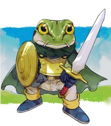 Rule 34 | 1boy, armor, blue background, boots, cape, chrono trigger, frog, frog (chrono trigger), full body, gloves, grass, oni gini, shield, solo, sword, weapon