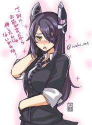 Rule 34 | 10s, 1girl, alternate hair length, alternate hairstyle, black hair, blush, eyepatch, headgear, ivuki, kantai collection, long hair, looking at viewer, md5 mismatch, necktie, open mouth, sketch, solo, sparkle, tenryuu (kancolle), translated, tsundere, twitter username, yellow eyes