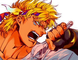 Rule 34 | 1boy, angry, blonde hair, caesar anthonio zeppeli, chaashuu, close-up, facial mark, feather hair ornament, feathers, fingerless gloves, gloves, green eyes, hair ornament, headband, jojo no kimyou na bouken, male focus, open mouth, solo, wrench