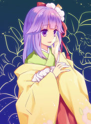 Rule 34 | 1girl, floral print, flower, hair flower, hair ornament, hand on own cheek, hand on own face, hieda no akyuu, japanese clothes, kimono, long hair, long sleeves, open mouth, purple eyes, purple hair, smile, solo, tomobe kinuko, touhou, upper body, wide sleeves