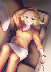 Rule 34 | 1girl, alternate costume, arm behind head, bianca (pokemon), blonde hair, blush, breasts, buttons, cleavage, collarbone, collared shirt, commission, couch, creatures (company), game freak, glasses, green eyes, highres, jewelry, looking at viewer, lying, medium breasts, necklace, nintendo, on couch, pantyhose, pearl necklace, pokemon, pokemon bw2, red-framed eyewear, sebu illust, shirt, skirt, smile, solo, unworn eyewear, watermark, white skirt, xtransceiver