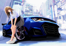Rule 34 | 1girl, amatsunatsu hachiko, brown eyes, brown hair, car, chevrolet, chevrolet camaro, city, cityscape, day, from below, hands on own knees, head tilt, leaning on object, long hair, looking at viewer, motor vehicle, muscle car, original, outdoors, scenery, school uniform, shadow, sleeves rolled up, smile, solo, sports car, uniform, vehicle focus, white footwear