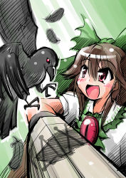 Rule 34 | 1girl, absurdres, bird, bow, brown hair, feathers, female focus, hair bow, highres, long hair, open mouth, crow, red eyes, reiuji utsuho, shinapuu, smile, solo, touhou
