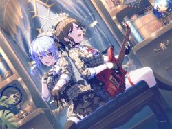 Rule 34 | 2girls, ascot, back-to-back, back bow, bang dream!, bass guitar, belt, belt chain, bench, beret, blue eyes, blue hair, blue nails, bow, bracelet, brown hair, crown, curtains, drawer, dutch angle, frilled skirt, frills, from side, garter straps, gloves, hat, holding, holding instrument, hololive, hoshimachi suisei, hoshimachi suisei (1st costume), indoors, instrument, jewelry, kneehighs, layered skirt, looking at viewer, matching outfits, multiple girls, nail polish, official art, on bench, open mouth, partially fingerless gloves, plaid, shelf, side ponytail, sitting, skirt, smile, socks, star (symbol), thighhighs, third-party source, virtual youtuber, wakana rei, window