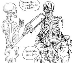 Rule 34 | bb (baalbuddy), blood, greyscale, guro, hacksaw, highres, intestines, monochrome, open mouth, original, saw, shirt, skeleton, speech bubble, t-shirt, thumbs up