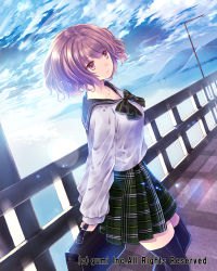 Rule 34 | 1girl, bag, bow, briefcase, brown eyes, brown hair, cloud, cloudy sky, company name, expressionless, from side, hanekoto, lamppost, plaid, plaid skirt, pleated skirt, railing, school briefcase, school uniform, serafuku, skirt, sky, solo, striped, striped bow, thighhighs, zettai ryouiki