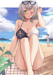 Rule 34 | 2girls, absurdres, arms behind back, beach, bikini, black hair, blue sky, blush, breasts, cleavage, cloud, commentary request, eyewear on head, feijai, green eyes, grey hair, highres, hololive, large breasts, mole, mole on breast, multiple girls, one eye closed, oozora subaru, open mouth, sand, shirogane noel, shirogane noel (summer 2020), short hair, sitting, sky, sunglasses, swimsuit, thighs, virtual youtuber, wet